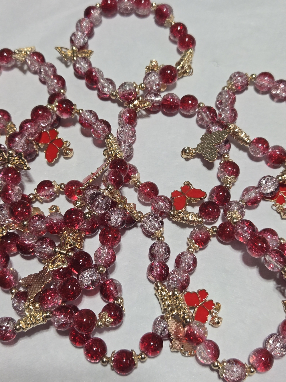 10mm- Red Beaded Butterfly Charm Bracelet with Gold Accents - For 1